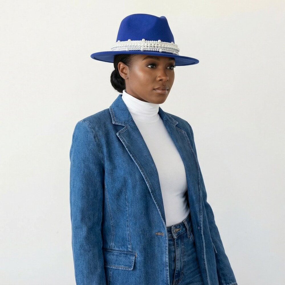 New Style Royal Blue Fashion Fedora Jazz Hat with Wide Pearl Belt - Picture 3 of 7